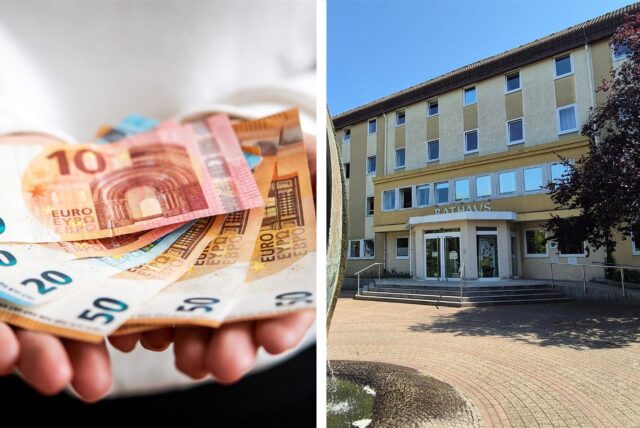 Eine Montage: Links eine Hand mit Geldscheinen, rechts das Oer-Erkenschwicker Rathaus.
