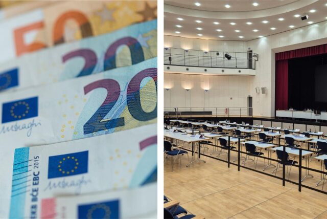 Montage: Links Geldscheine liegen übereinander, rechts der leere Stadtsaal in Oer-Erkenschwick.