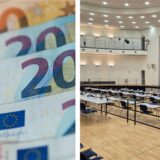 Montage: Links Geldscheine liegen übereinander, rechts der leere Stadtsaal in Oer-Erkenschwick.
