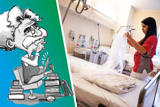 Frau bereitet Krankenhausbett vor.