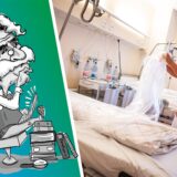 Frau bereitet Krankenhausbett vor.