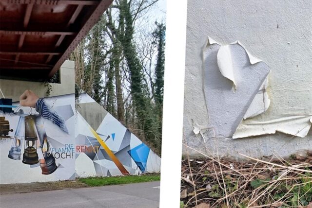 Montage der ehemaligen Eisenbahnbrücke und einer Nahaufnahme von abblätternder Farbe.