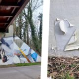 Montage der ehemaligen Eisenbahnbrücke und einer Nahaufnahme von abblätternder Farbe.
