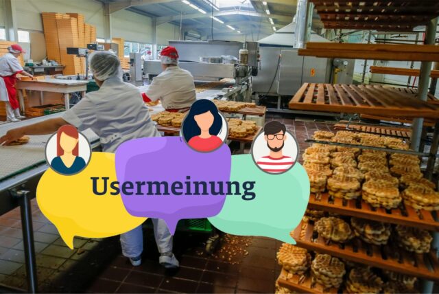 Bildmontage: Grafik User Meinung vor Motiv aus der Waffelproduktion.