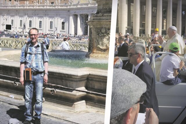 Heinz-Werner Goyer vor dem Brunnen auf dem Petersplatz und bei der Papst-Audienz