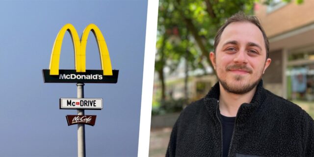 Montage zeigt links ein Werbeschild von McDonald’s, rechts den Linken-Politiker Pierre-Maurice Rode aus Waltrop.