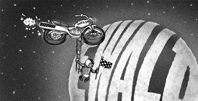 Im All schwebt ein Motorrad, an dem sich ein Pilot abseilt, „Ewald“ als Schriftzug prangt auf dem Globus.