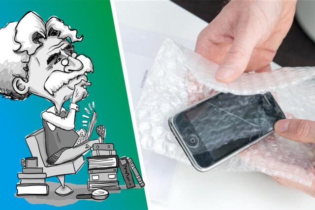 Jemand hält ein defektes Smartphone in den Händen.