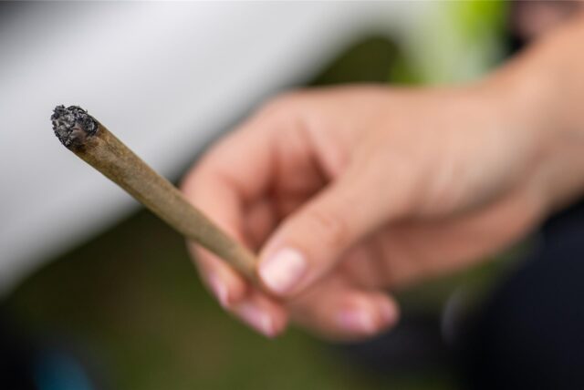 Eine Frau hält einen Cannabis-Joint in der Hand.