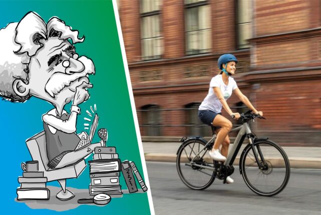 Frau fährt auf einem E-Bike.