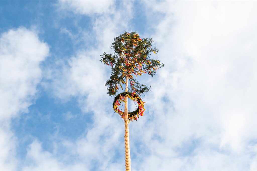 Ein Maibaum steht auf einem Dorfplatz.