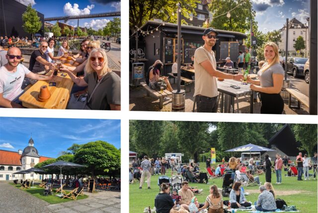 Collage: Menschen an verschiedenen Orten in Dortmund, die gutes Wetter und ein Kaltgetränk genießen.