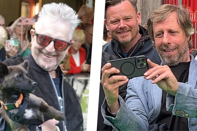 Oliver Korittke (r.) mit Fans, Martin Semmelrogge mit Hund Hachiko bei der Kurzfilmpremiere von „Keeks letztes Ding“ in Essen.