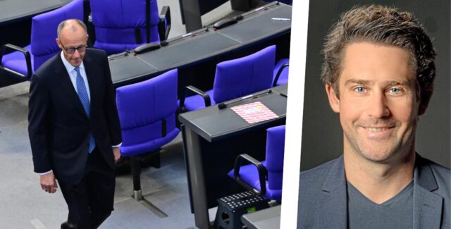 Bildkollage: Links Friedrich Merz im Deutschen Bundestag, rechts der Vorsitzender der CDU-Datteln Dr. Patrick-Benjamin Bök.