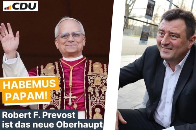 Eine Montage zeigt den neuen Papst Leo IVX. und den Recklinghäuser FDP-Kreisvorsitzenden Mathias Richter.