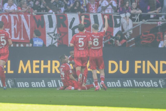 10.05.2025, Fussball, Saison 2024/2025, 2. Bundesliga, 33. Spieltag, Fortuna Düsseldorf – FC Schalke 04, Nicolas Gavory (Fortuna Düsseldorf) jubelt nach seinem Tor zum 1 zu 0.