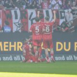 10.05.2025, Fussball, Saison 2024/2025, 2. Bundesliga, 33. Spieltag, Fortuna Düsseldorf – FC Schalke 04, Nicolas Gavory (Fortuna Düsseldorf) jubelt nach seinem Tor zum 1 zu 0.