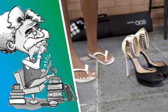 Frau trägt Flip-Flops. Vor ihr stehen High Heels.
