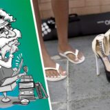 Frau trägt Flip-Flops. Vor ihr stehen High Heels.