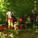 Rettungskräfte der Feuerwehr und Höhenretter kümmern sich um einen verletzten Jugendlichen, der auf einer roten Trage liegt.
