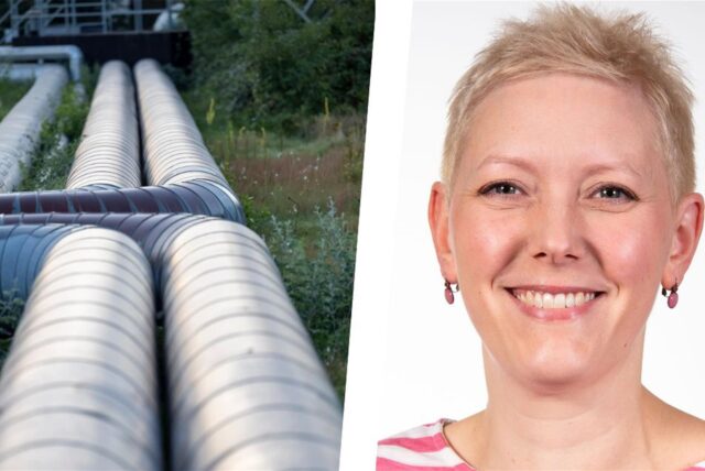 Fernwärmerohre verlaufen über ein Grünstück, daneben ein Porträtfoto von Kerstin Walberg, Pressesprecherin der Hertener Stadtwerke.