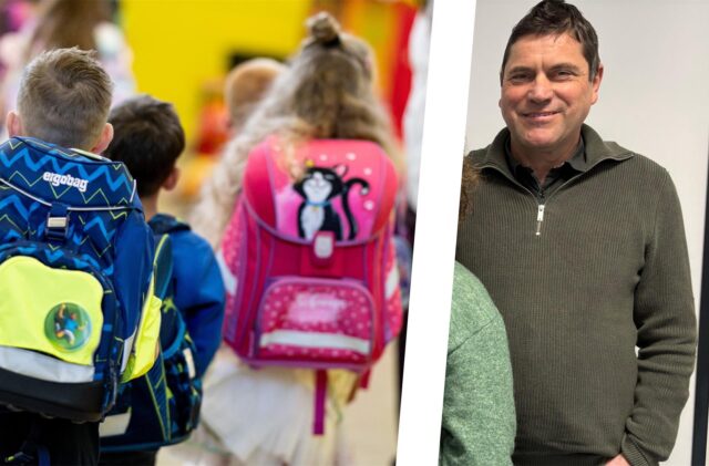 Eine Collage aus Schulkindern und Schulleiter Stefan Schulze Beiering.
