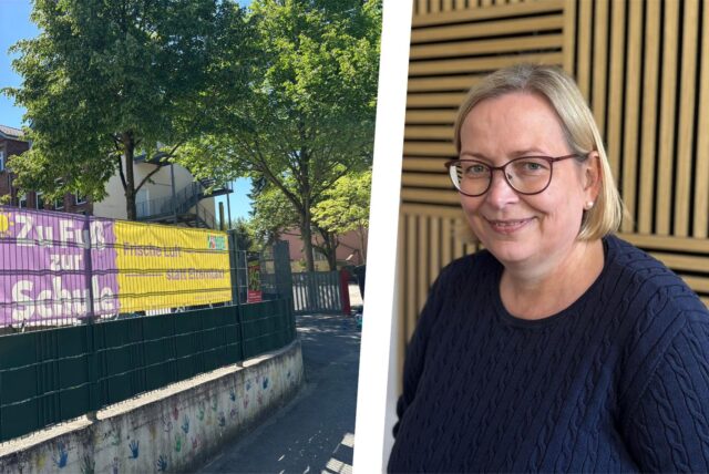 Bildmontage: links Transparent „Zu Fuß zur Schule“ am Zaun des Schulhofs der Funke-Grundschule, rechts Nina Rabiega.