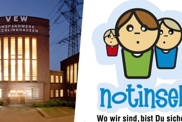 Montage zeigt das Strommuseum in Recklinghausen-Süd (l.) und das Logo „Notinsel“ (r.)