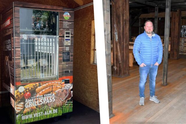 Links ein Grillfleischautomat, rechts Julian Weiss.
