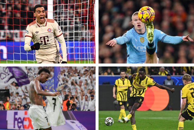 Vier Teilnehmer der Klub-WM 2025 (von oben links nach unten rechts): Jamal Musiala (FC Bayern München), Erling Haaland (Manchester City), Vinicius Junior (Real Marid) und Serhou Guirassy (Borussia Dortmund).