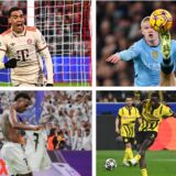 Vier Teilnehmer der Klub-WM 2025 (von oben links nach unten rechts): Jamal Musiala (FC Bayern München), Erling Haaland (Manchester City), Vinicius Junior (Real Marid) und Serhou Guirassy (Borussia Dortmund).