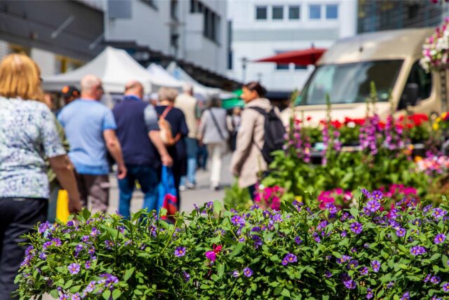 Blumen auf der Jakobstraße, im Hintergrund unscharf Menschen.