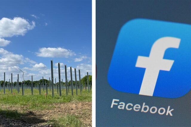 Das Bild zeigt eine Feldansicht mit installierten Metallpfosten, möglicherweise für eine Solaranlage, sowie das Facebook-Logo im Detail.