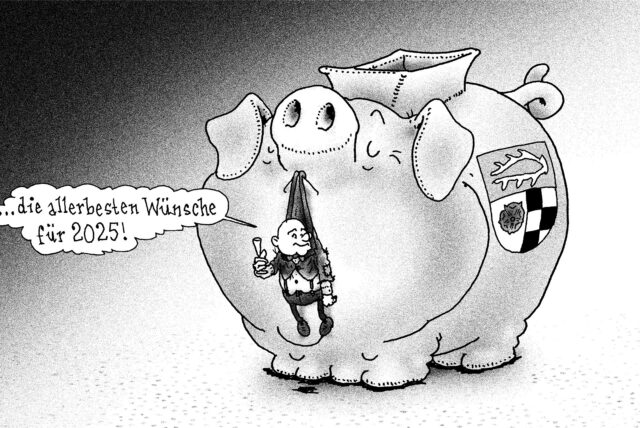 Eine Karikatur zeigt ein überdimensioniertes Sparschwein der Stadt Herten mit Kämmerer Dr. Oliver Lind, der seine guten Wünsche fürs Jahr 2025 ausspricht.