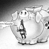 Eine Karikatur zeigt ein überdimensioniertes Sparschwein der Stadt Herten mit Kämmerer Dr. Oliver Lind, der seine guten Wünsche fürs Jahr 2025 ausspricht.