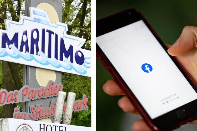 Das Bild zeigt im Vordergrund das Logo des Maritimos und im Hintergrund die Facebook-App auf einem Smartphone.