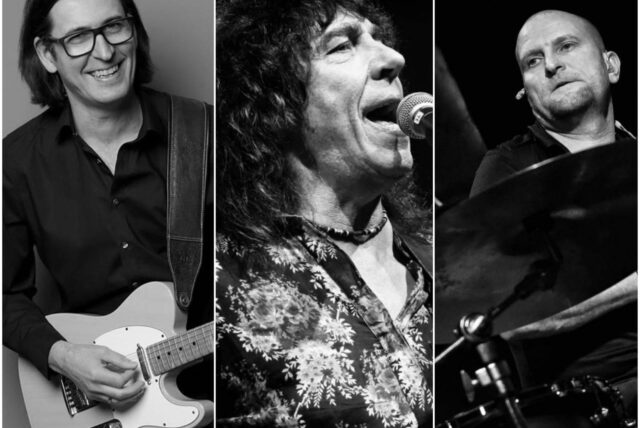 Montage von drei Musikern in Schwarz-Weiß-Fotos.