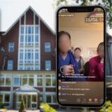 Montage von zwei Handys, die Ausschnitte der Tiktok-Videos zeigen, auf einer Außenansicht des Dortmunder Hüttenhospitals