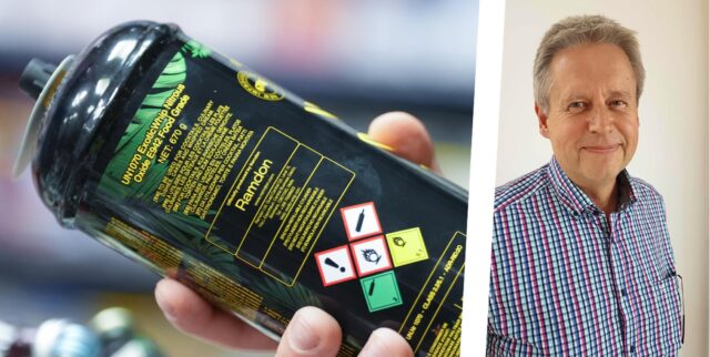 Montage: Links ist eine Lachgas-Kartusche zu sehen, rechts Martin Voskort, Fachbereichsleiter Sicherheit, Ordnung und Verkehr in Waltrop.