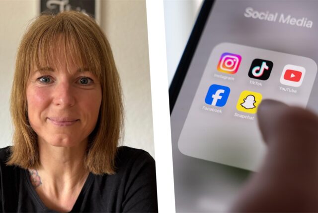 Links: Porträt von Jessica Weber. Rechts: Die Nahaufnahme eines Smartphones, auf dem ein Ordner mit mehreren Social-Media-Apps geöffnet ist.