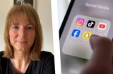 Links: Porträt von Jessica Weber. Rechts: Die Nahaufnahme eines Smartphones, auf dem ein Ordner mit mehreren Social-Media-Apps geöffnet ist.