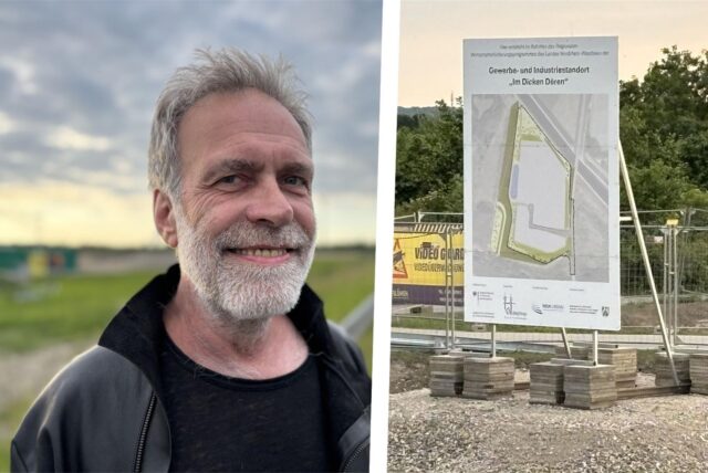 Bildkombo: links Heinz Aarsen, rechts Bauschild des Industriegebiets Im Dicken Dören in Waltrop.