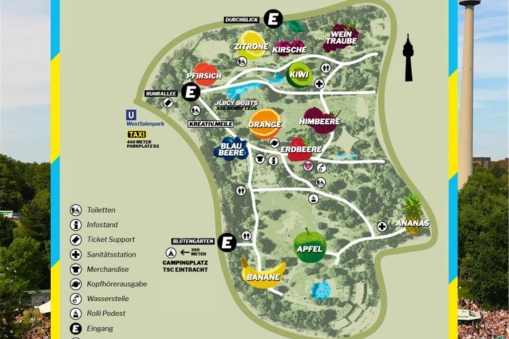 So sieht die vorläufige Karte des Festivalgeländes für den diesjährigen Sommer aus. Die Karte hat das Juicy Beats Festival auf seiner Webseite veröffentlicht.