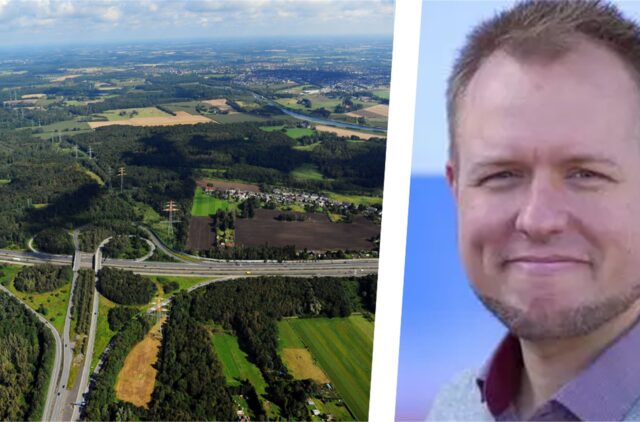 Bildkombo: Das Autobahnkreuz Dortmund-Nordwest aus der Luft und Anton Kurenbach, Pressesprecher von Autobahn Westfalen.