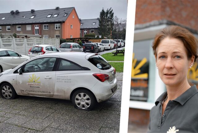 Bildkombo: ein beschädigtes Auto des Pflegedienstes Hirschfeld und Inhaberin Astrid Wahl.