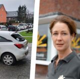 Bildkombo: ein beschädigtes Auto des Pflegedienstes Hirschfeld und Inhaberin Astrid Wahl.