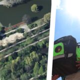 Bildmontage: Luftbild des westlichen Stadtgartens in Castrop und Schüler von hinten mit Ranzen.