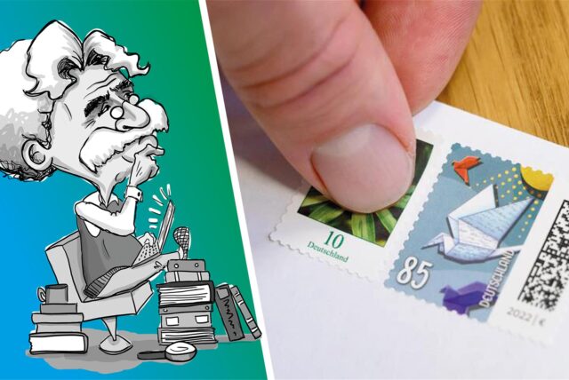 Briefmarken werden auf einen Brief gekklebt.