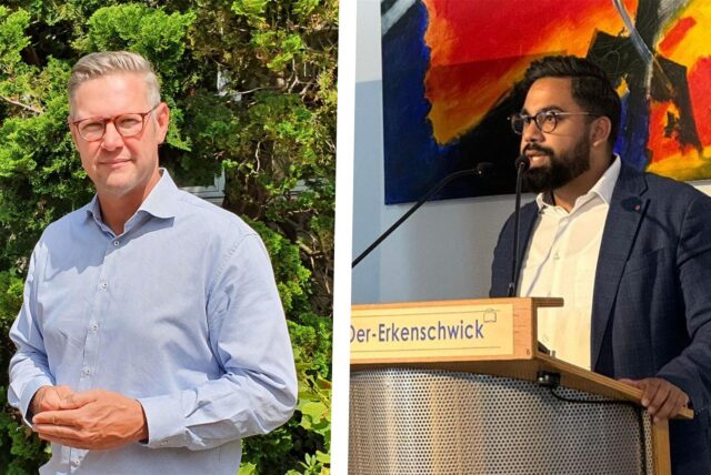 Das Bild zeigt zwei Männer in unterschiedlichen Situationen. Der Mann links steht vor einer grünen Hecke, während der Mann rechts an einem Rednerpult steht.