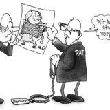 Zwei Comicfiguren sehen sich ein Plakat an, auf dem eine Eierlegende Wollmilchsau zu sehen ist.
